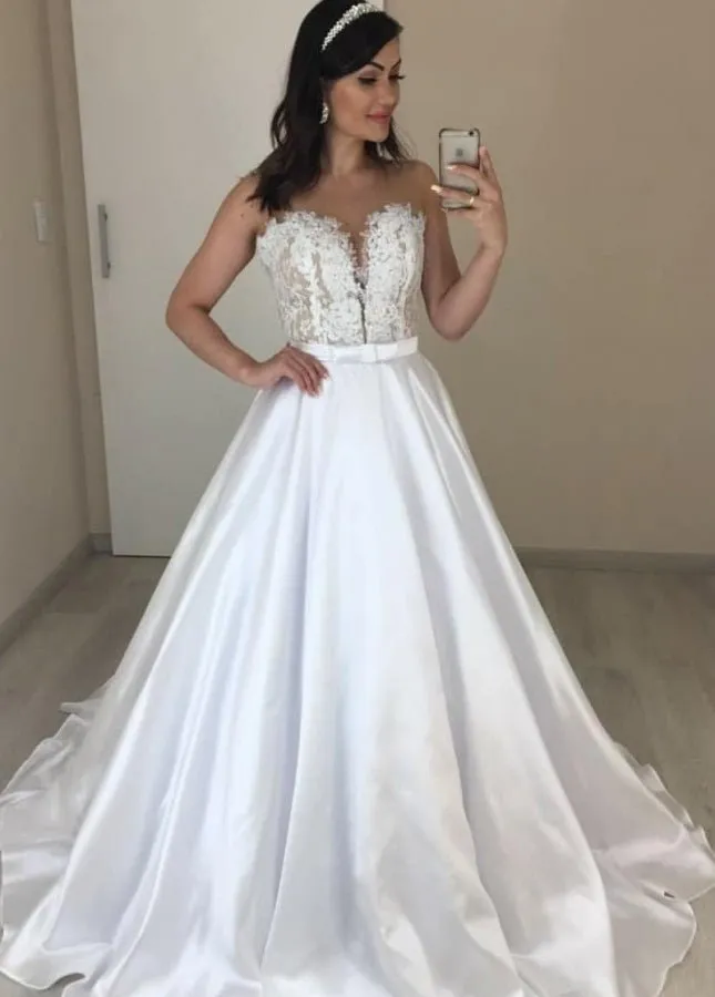 A-line Sleeveless Sweetheart Satin Bride Wedding Dresses with Appliques sold by KissProm