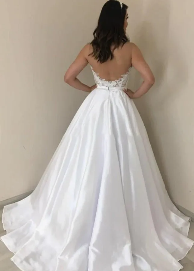 A-line Sleeveless Sweetheart Satin Bride Wedding Dresses with Appliques sold by KissProm product image thumbnail 2