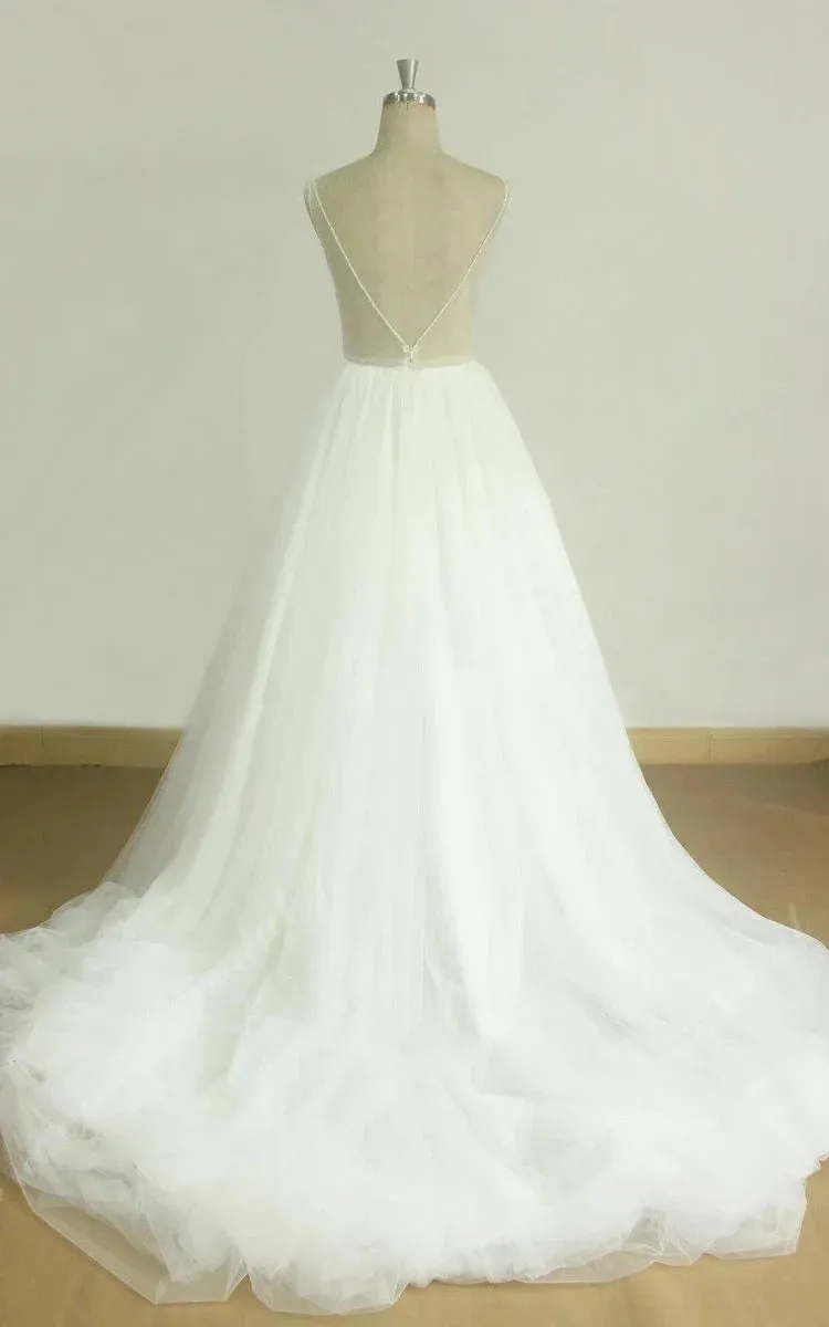 A-Line V-Neck Chapel Train Sleeveless Deep V Back Tulle Appliques Weddig Dress sold by KissProm product image thumbnail 3
