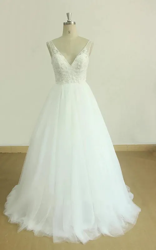 A-Line V-Neck Chapel Train Sleeveless Deep V Back Tulle Appliques Weddig Dress made by KissProm