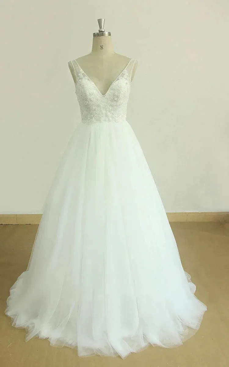 A-Line V-Neck Chapel Train Sleeveless Deep V Back Tulle Appliques Weddig Dress sold by KissProm