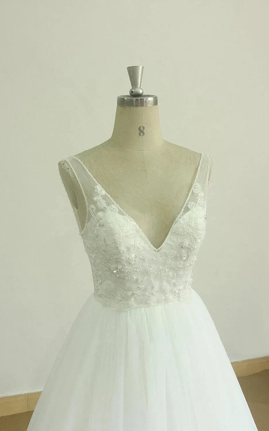 A-Line V-Neck Chapel Train Sleeveless Deep V Back Tulle Appliques Weddig Dress sold by KissProm product image thumbnail 2