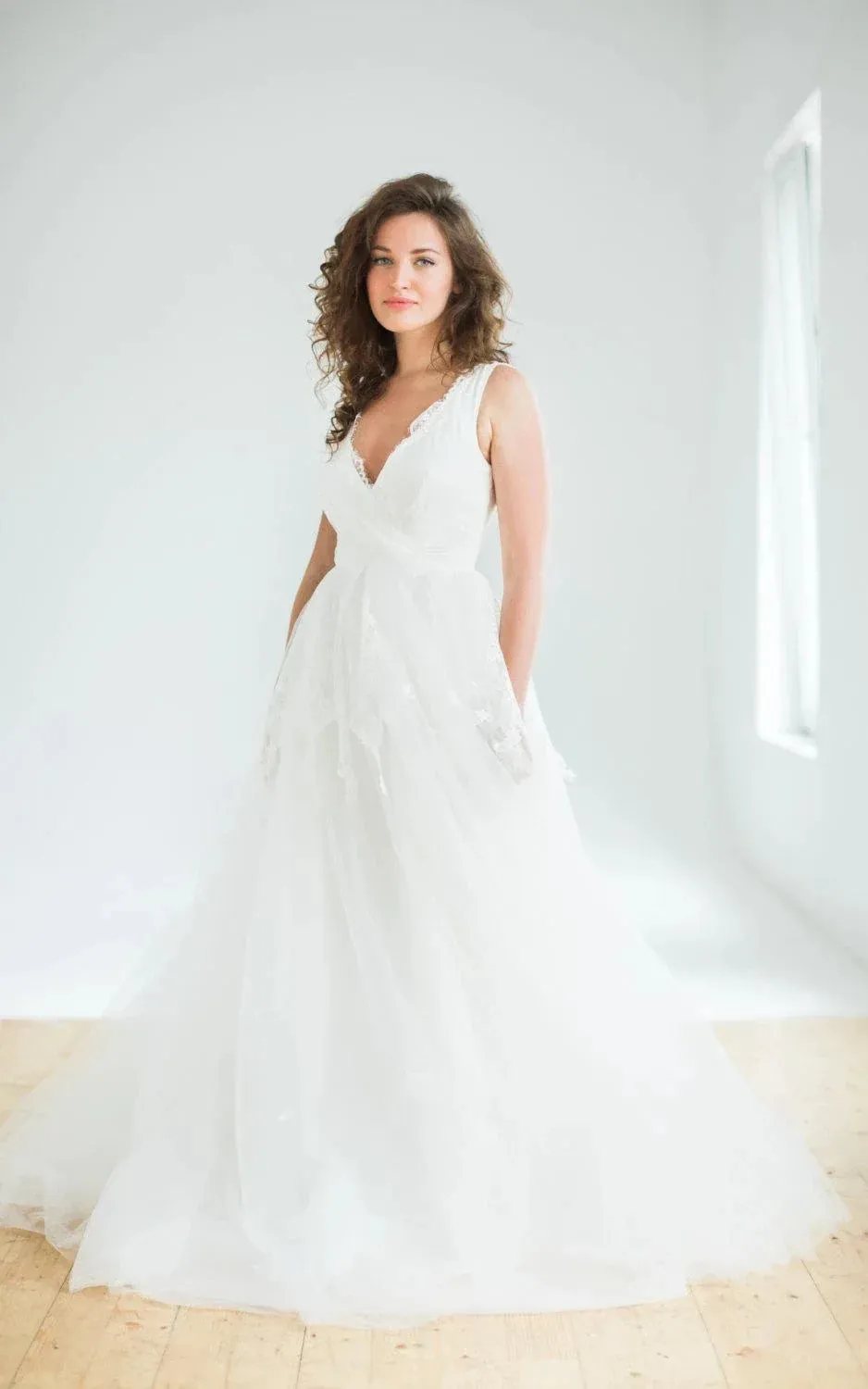 A-Line Sleeveless V-Neck Lace Satin Weddig Dress sold by KissProm