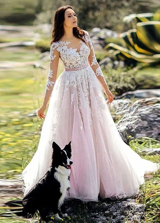 Pink and White Lace Appliques Long Sleeves Tulle Wedding Dresses with Belt sold by KissProm