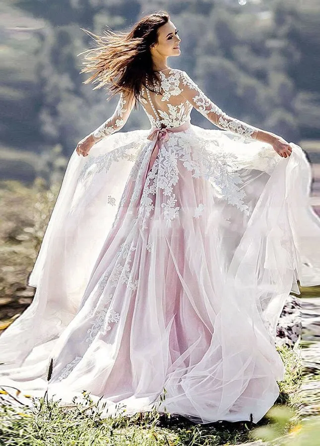 Pink and White Lace Appliques Long Sleeves Tulle Wedding Dresses with Belt sold by KissProm product image thumbnail 2