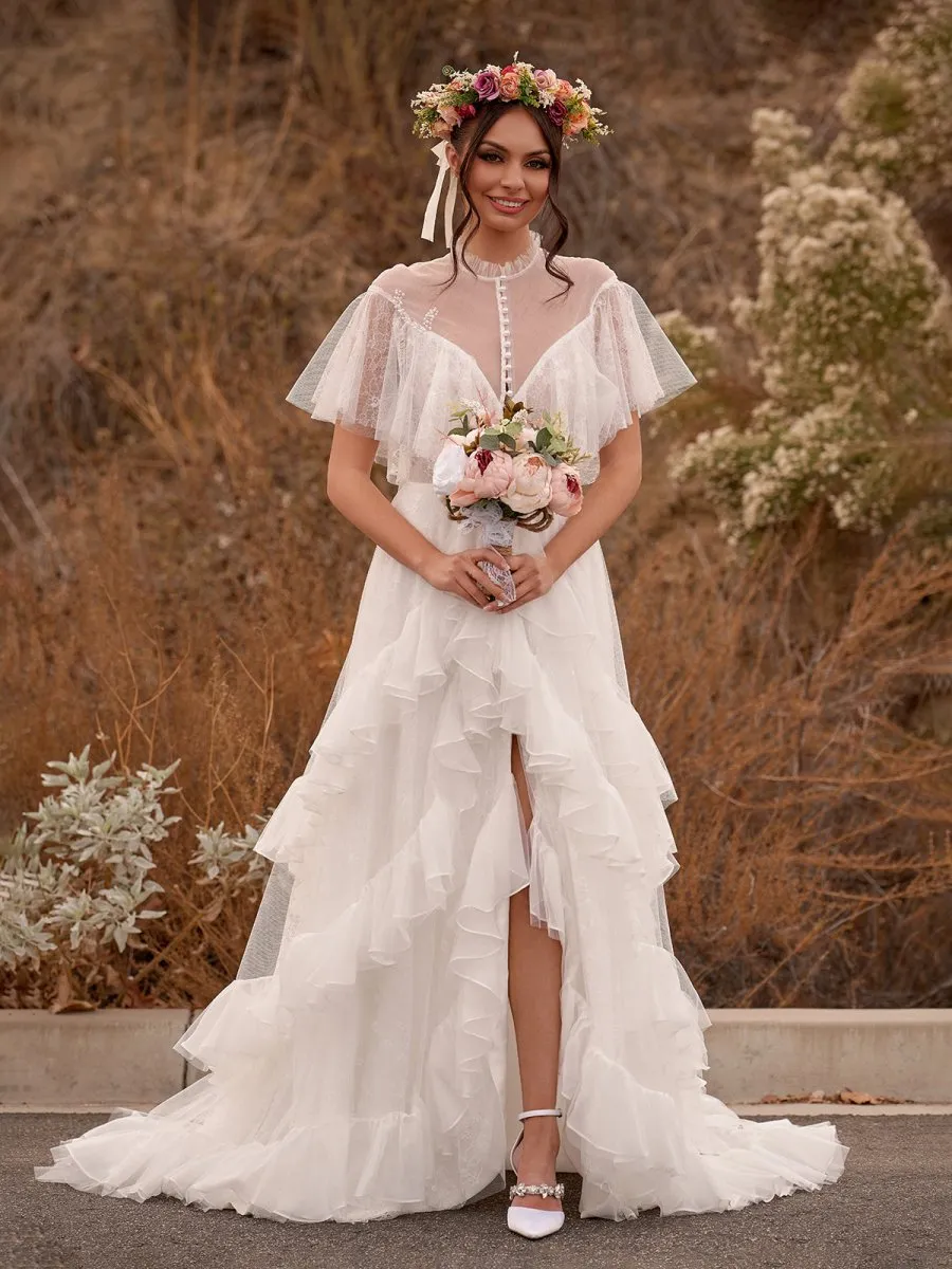 High Split A-Line See-through Short Sleeves Ruffle Tulle Wedding Dresses sold by KissProm product image thumbnail 5