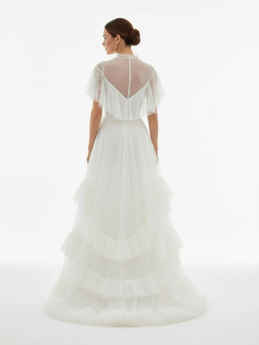 High Split A-Line See-through Short Sleeves Ruffle Tulle Wedding Dresses sold by KissProm product image thumbnail 2