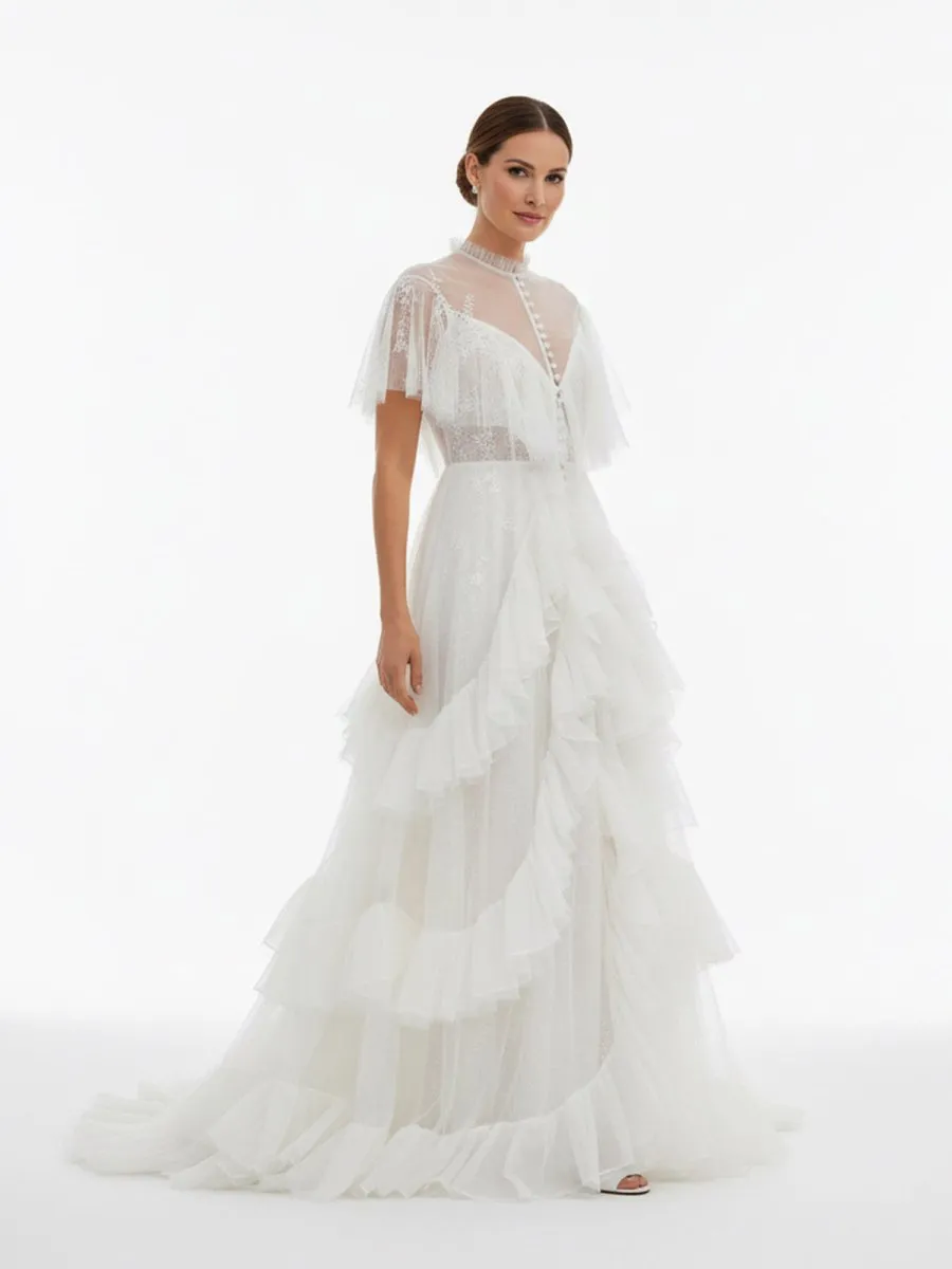 High Split A-Line See-through Short Sleeves Ruffle Tulle Wedding Dresses sold by KissProm product image thumbnail 3