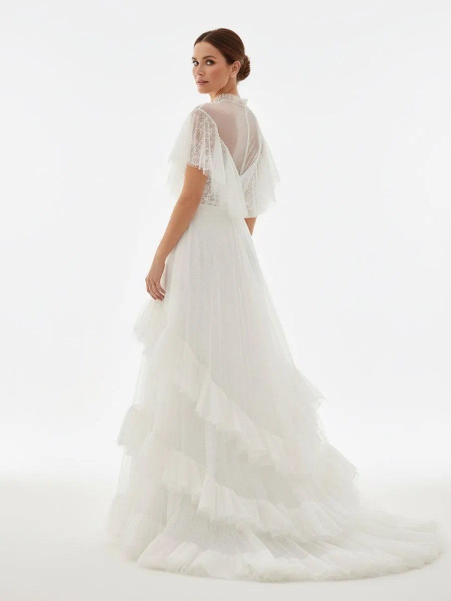 High Split A-Line See-through Short Sleeves Ruffle Tulle Wedding Dresses sold by KissProm product image thumbnail 4