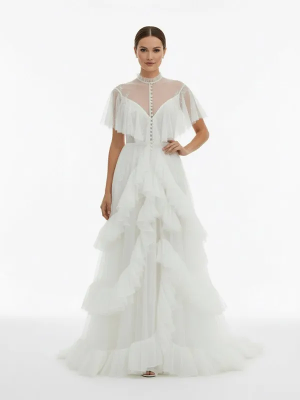 High Split A-Line See-through Short Sleeves Ruffle Tulle Wedding Dresses made by KissProm