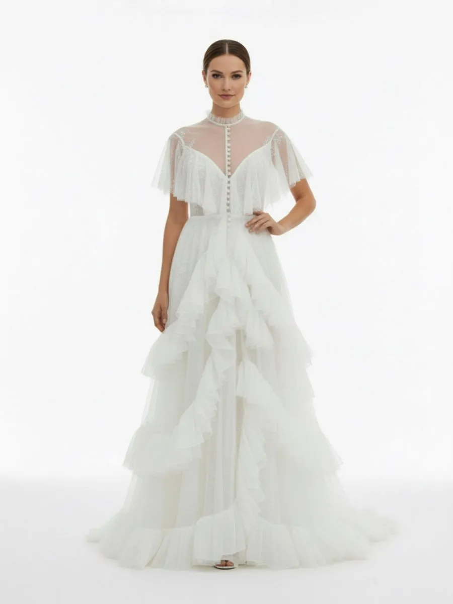 High Split A-Line See-through Short Sleeves Ruffle Tulle Wedding Dresses sold by KissProm