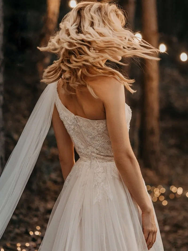 One Shoulder A Line Tulle Sleeveless Zipper Lace Wedding Dresses with Shawl sold by KissProm product image thumbnail 5