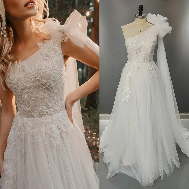 One Shoulder A Line Tulle Sleeveless Zipper Lace Wedding Dresses with Shawl sold by KissProm product image thumbnail 2