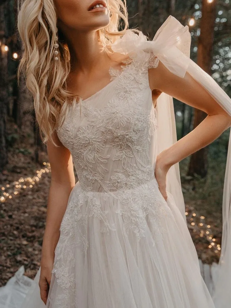 One Shoulder A Line Tulle Sleeveless Zipper Lace Wedding Dresses with Shawl sold by KissProm product image thumbnail 3