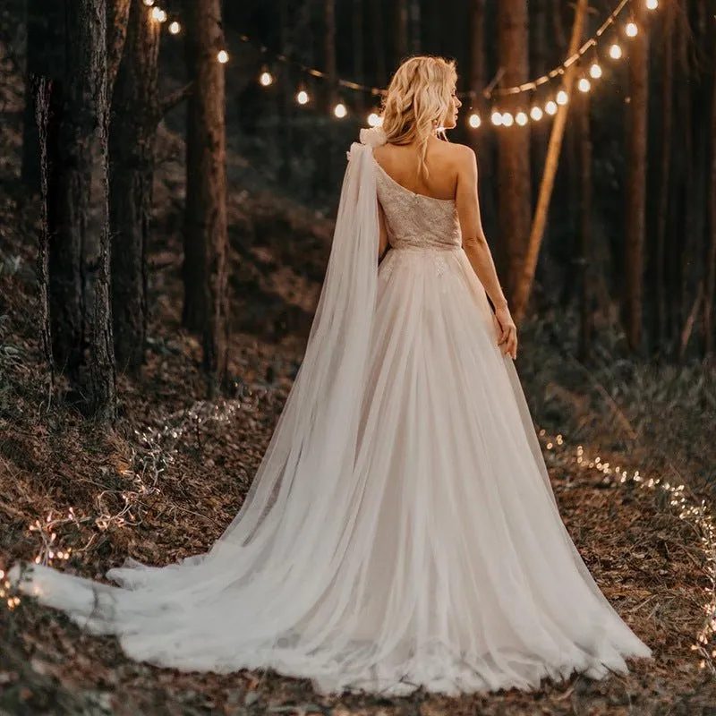 One Shoulder A Line Tulle Sleeveless Zipper Lace Wedding Dresses with Shawl sold by KissProm product image thumbnail 4