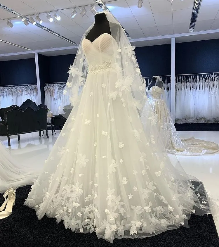 Romantic A-line Sweetheart Sleeveless White Tulle Modest Floral Wedding Dress sold by KissProm product image thumbnail 5
