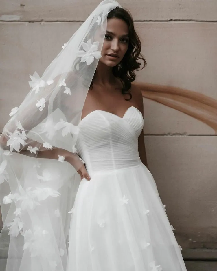Romantic A-line Sweetheart Sleeveless White Tulle Modest Floral Wedding Dress sold by KissProm product image thumbnail 3