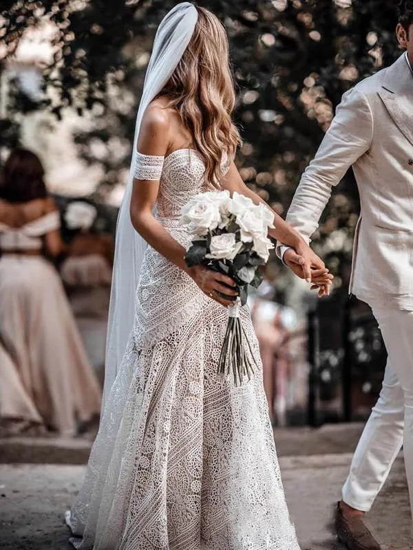 Mermaid Off-the-Shoulder Backless Ivory Lace Beach Wedding Dresses sold by KissProm product image thumbnail 3