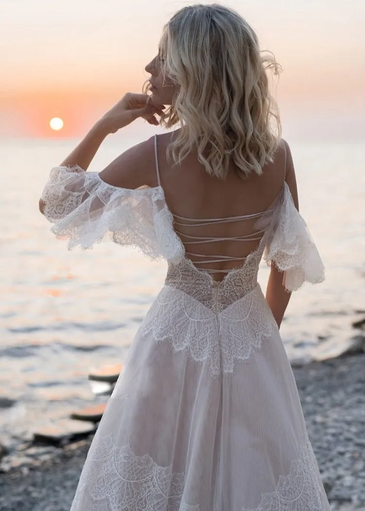 Bohemian Beach Champagne Spaghetti Straps Backless Wedding Dresses sold by KissProm product image thumbnail 2