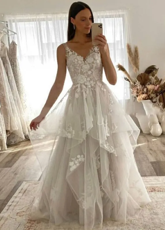 Charming A-line V-Neck Sleeveless Wedding Dress with Lace Appliques made by KissProm