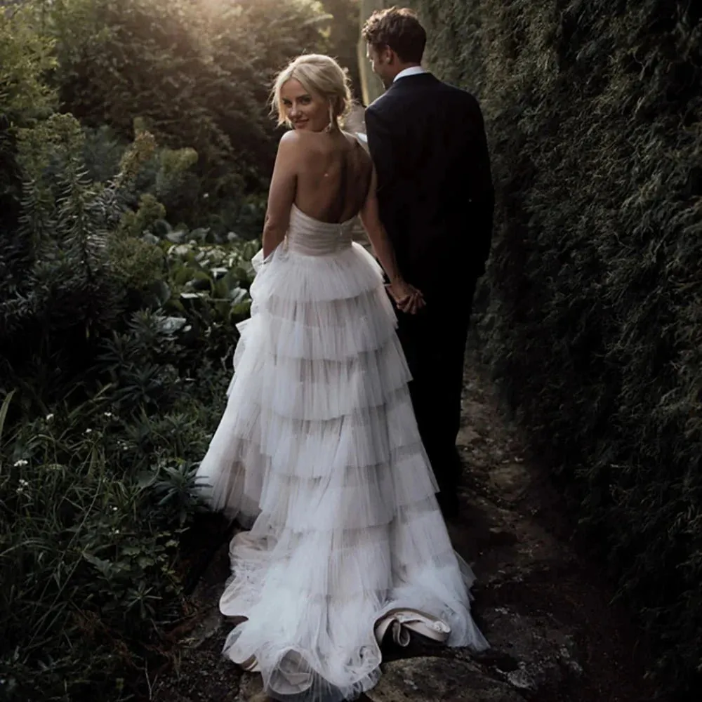 Sleeveless A Line Strapless Bohemian Tiered Tulle Wedding Dresses sold by KissProm product image thumbnail 2