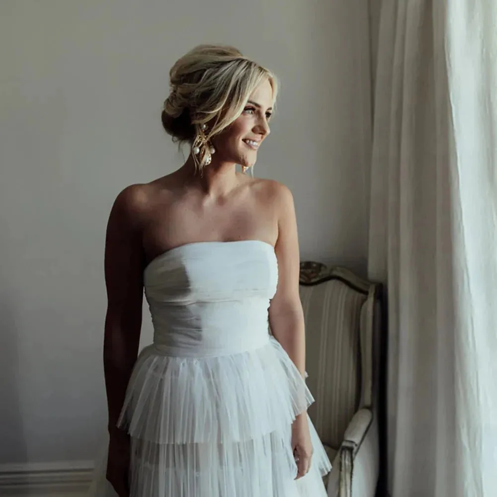 Sleeveless A Line Strapless Bohemian Tiered Tulle Wedding Dresses sold by KissProm product image thumbnail 4