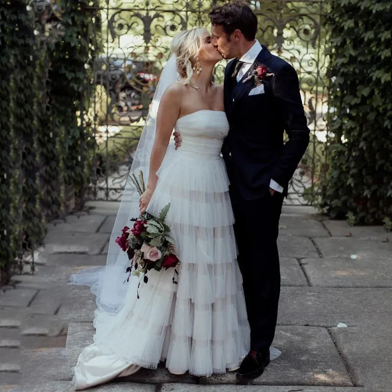 Sleeveless A Line Strapless Bohemian Tiered Tulle Wedding Dresses made by KissProm