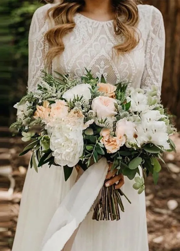 Beach Gorgeous Lace A-Line Appliqued Open Back Wedding Dress With Long Sleeves made by KissProm