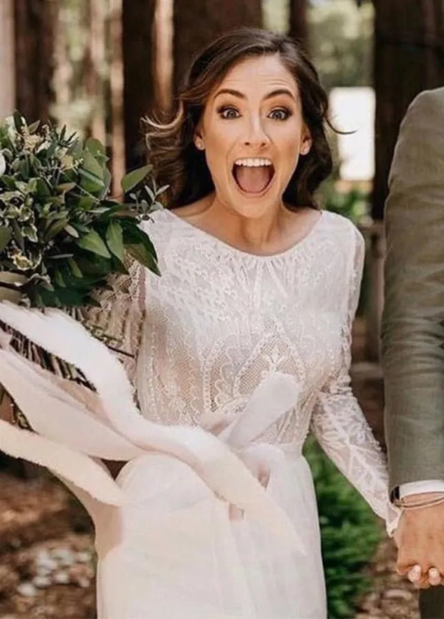 Beach Gorgeous Lace A-Line Appliqued Open Back Wedding Dress With Long Sleeves sold by KissProm product image thumbnail 2