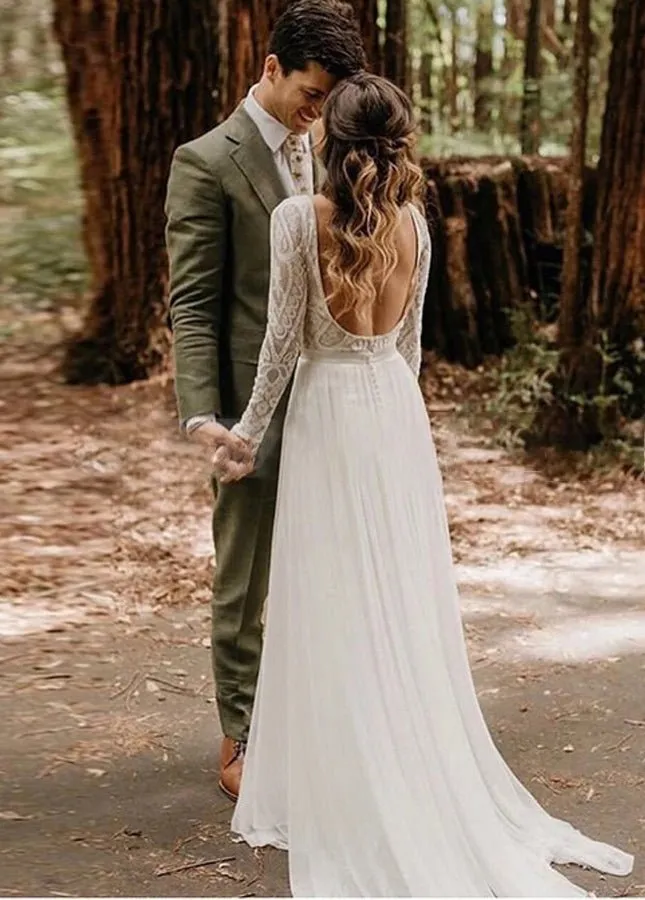 Beach Gorgeous Lace A-Line Appliqued Open Back Wedding Dress With Long Sleeves sold by KissProm product image thumbnail 3