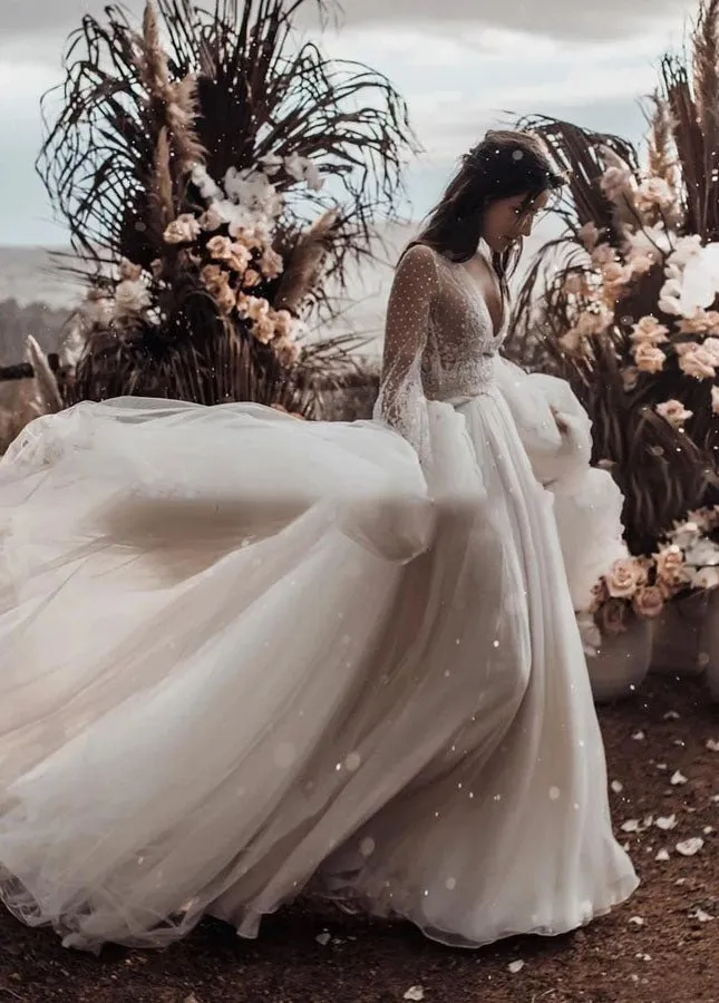 Two Piece Boho Dreamy A Line Tulle V-Neck Wedding Dresses Full Sleeve sold by KissProm product image thumbnail 3