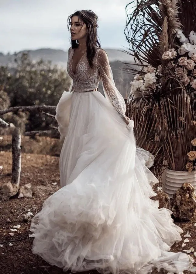 Two Piece Boho Dreamy A Line Tulle V-Neck Wedding Dresses Full Sleeve sold by KissProm product image thumbnail 4