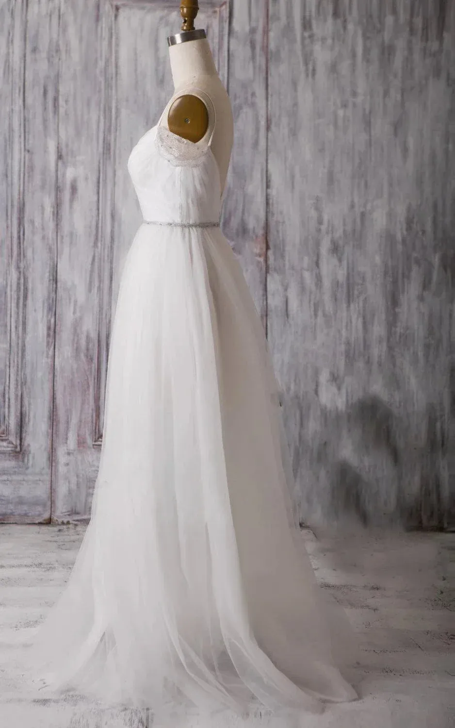 Spaghetti Strap Long A-Line Tulle Wedding Dress with Crisscross Ruching sold by KissProm product image thumbnail 3