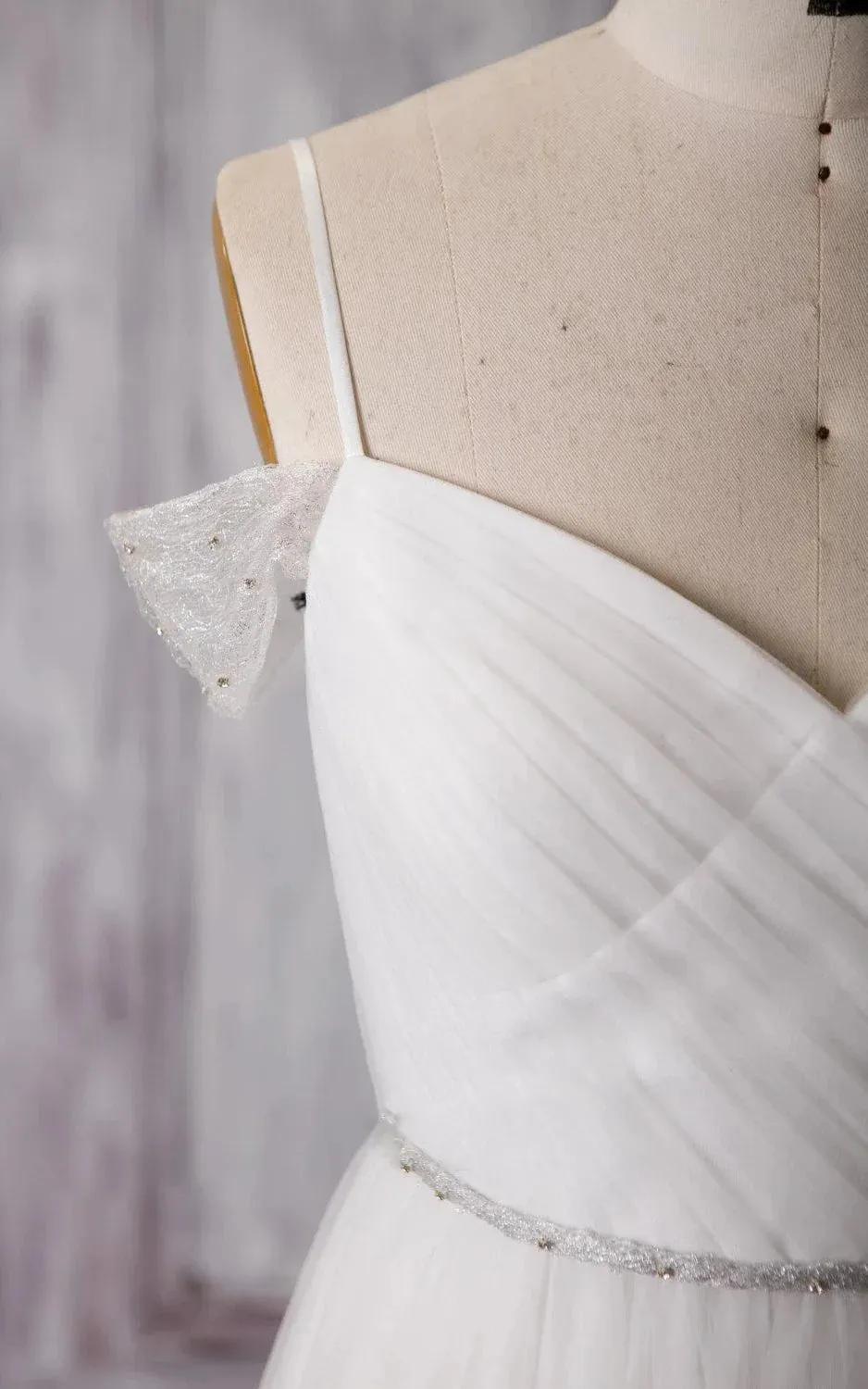 Spaghetti Strap Long A-Line Tulle Wedding Dress with Crisscross Ruching sold by KissProm product image thumbnail 4