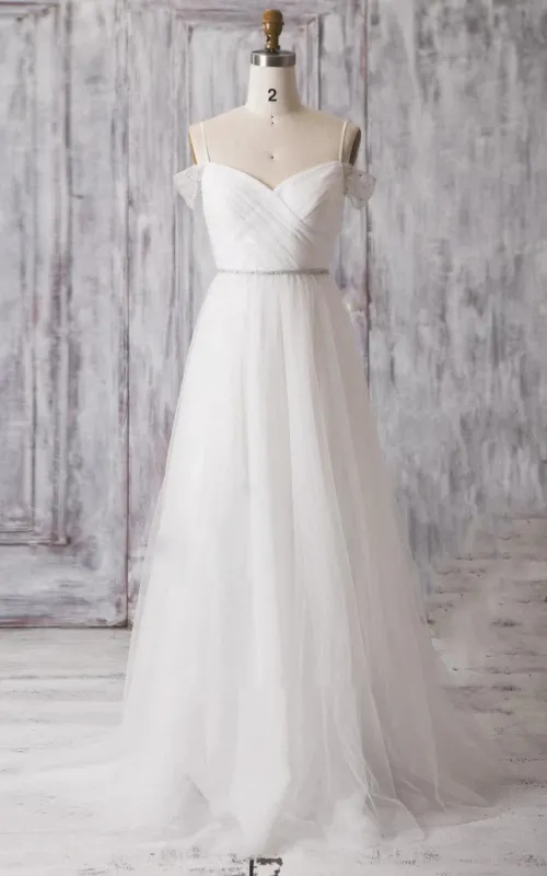 Spaghetti Strap Long A-Line Tulle Wedding Dress with Crisscross Ruching made by KissProm