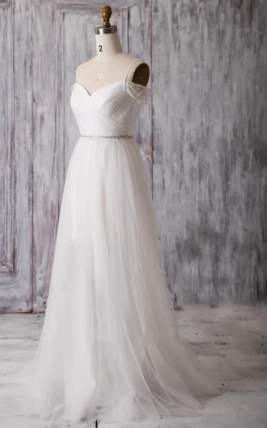 Spaghetti Strap Long A-Line Tulle Wedding Dress with Crisscross Ruching sold by KissProm product image thumbnail 5
