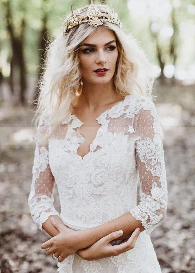 Tulle A-Line Lace Appliques 3/4-Sleeve V-Neck Romantic Bridal Wedding Gowns sold by KissProm product image thumbnail 4