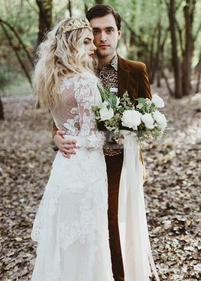 Tulle A-Line Lace Appliques 3/4-Sleeve V-Neck Romantic Bridal Wedding Gowns sold by KissProm product image thumbnail 5