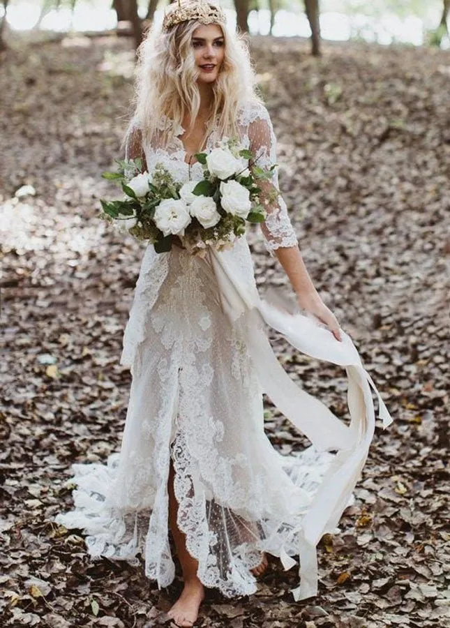 Tulle A-Line Lace Appliques 3/4-Sleeve V-Neck Romantic Bridal Wedding Gowns sold by KissProm product image thumbnail 3