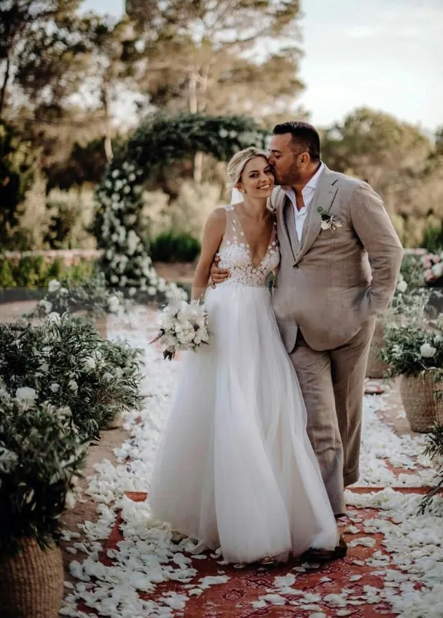 Bohemian Sexy Deep V Neck Sleeveless Lace Appliques A-Line Country Wedding Dresses sold by KissProm product image thumbnail 3