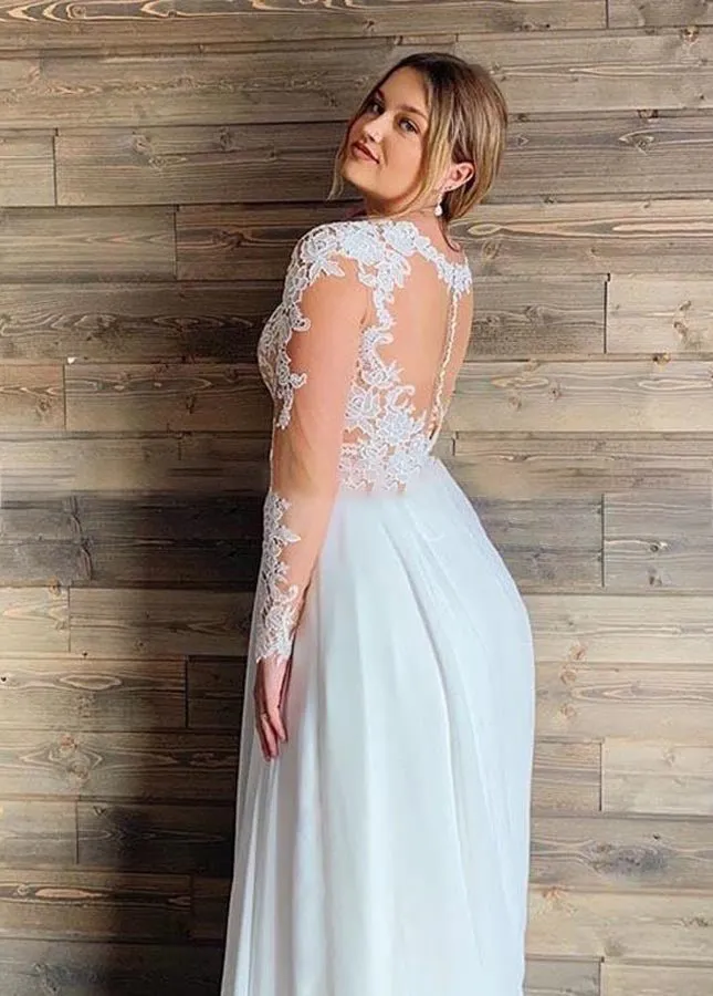 Modest Long Sleeves V-neck Lace Appliques A-Line Chiffon Beach Plus Size Wedding Dresses sold by KissProm product image thumbnail 2