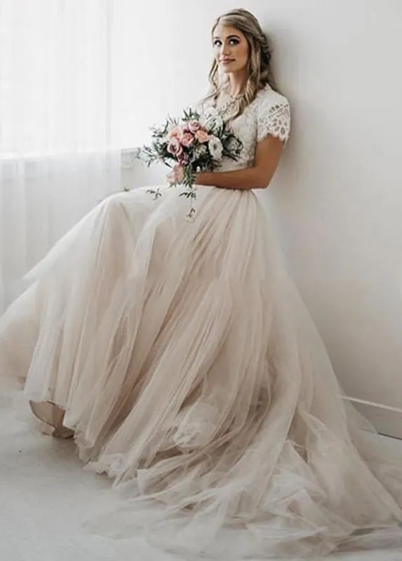 Light Champagne Tulle Lace A-Line Short Sleeves  Bohemian Women Wedding Dresses made by KissProm