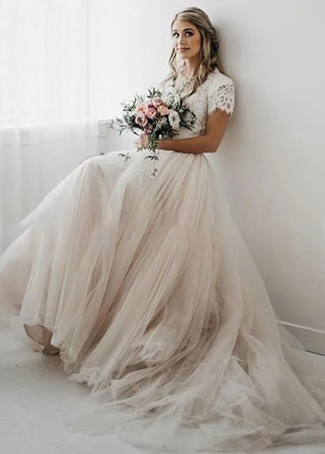 Light Champagne Tulle Lace A-Line Short Sleeves Bohemian Women Wedding Dresses sold by KissProm