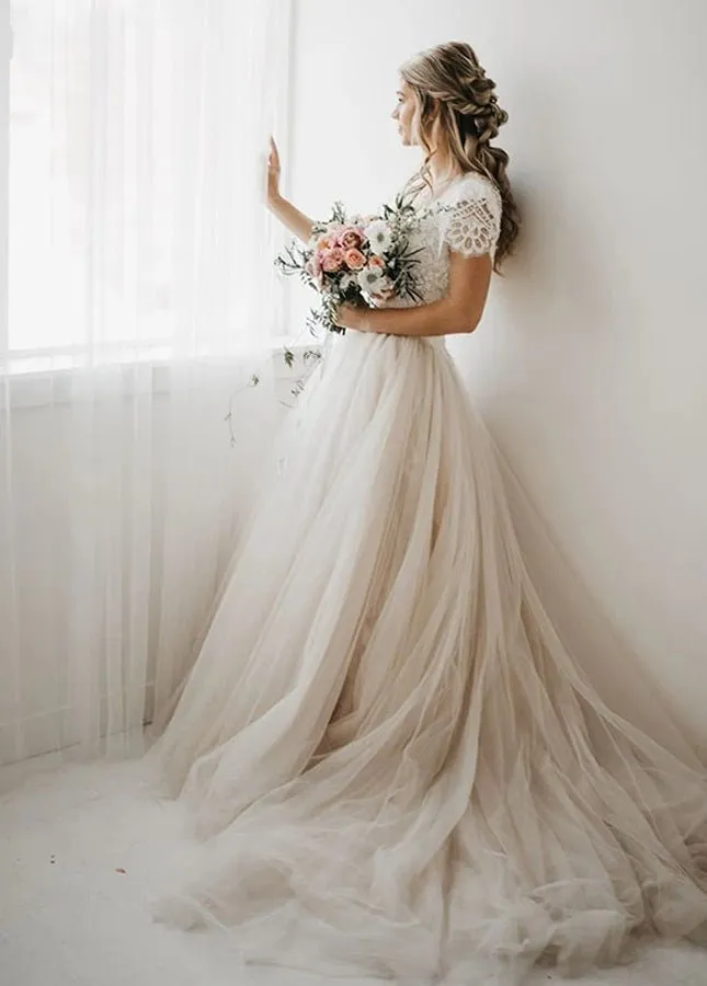 Light Champagne Tulle Lace A-Line Short Sleeves Bohemian Women Wedding Dresses sold by KissProm product image thumbnail 5