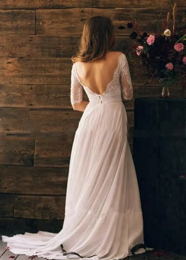 Elegant Lace Appliques Half Sleeves Chiffon Backless Boho Wedding Gowns sold by KissProm product image thumbnail 2