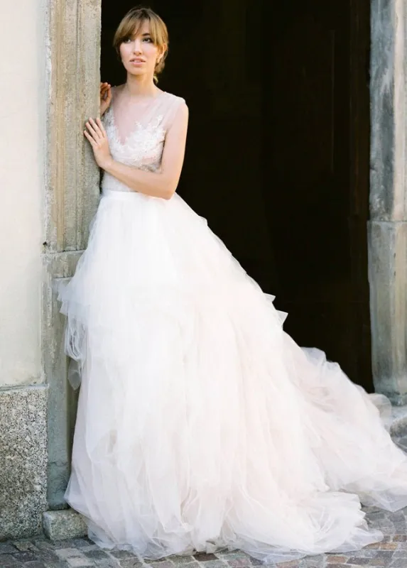 Illusion Lace V-Neck Appliqued Sleeveless V-Back Tulle Wedding Dress made by KissProm