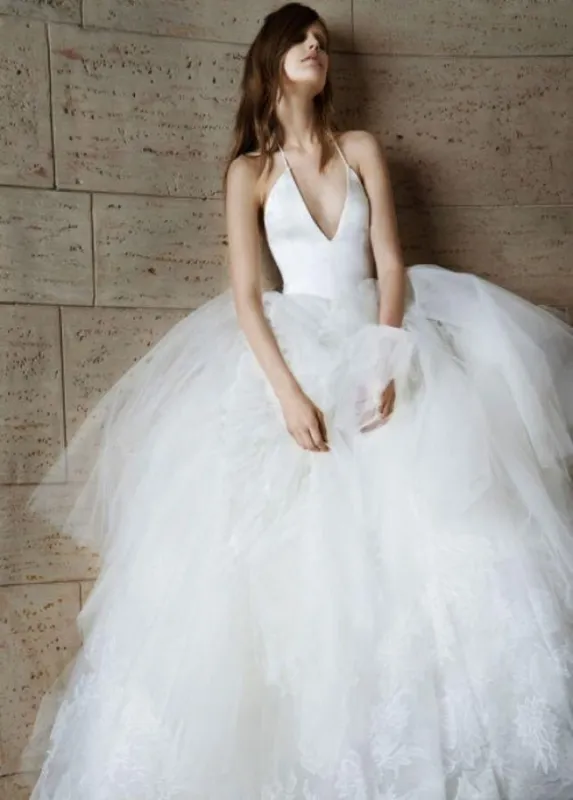 Elegant Halter Straps Sexy Backless A-Line White Wedding Dress with Puffy Tulle Skirt made by KissProm