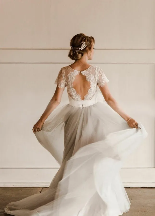 Modest Tulle Lace Short Sleeves Backless A-Line Bridal Gown with Sash sold by KissProm product image thumbnail 4