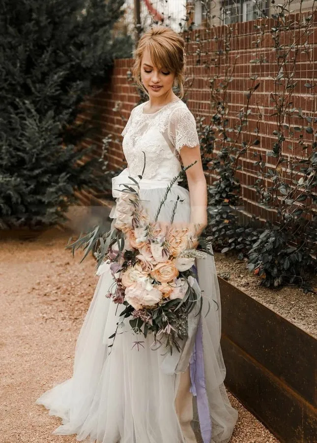 Modest Tulle Lace Short Sleeves Backless A-Line Bridal Gown with Sash sold by KissProm