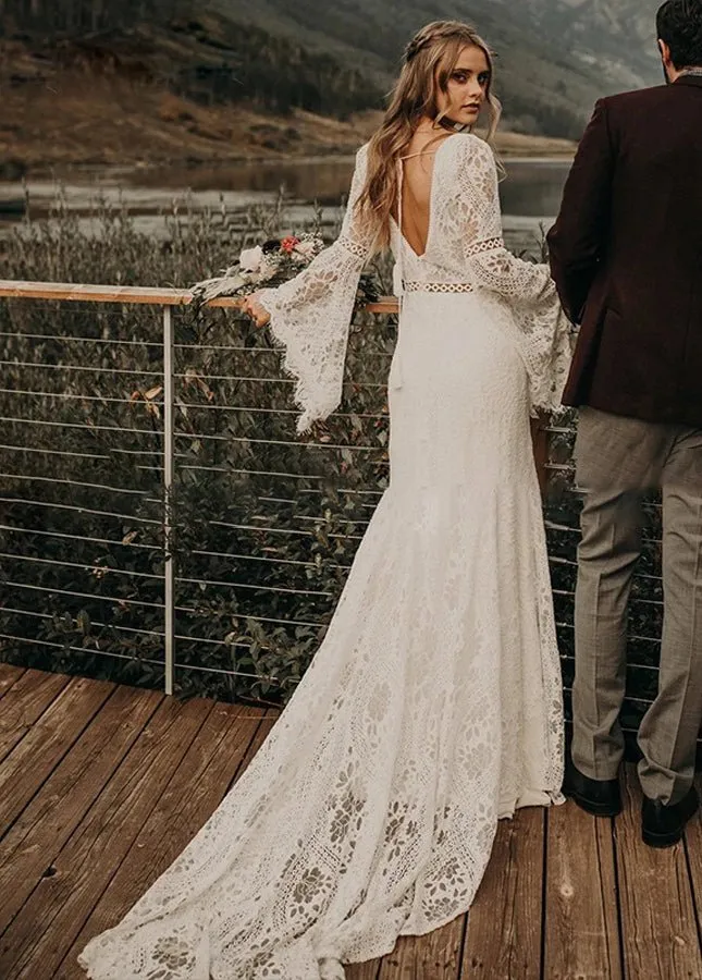 Classical Fairy Long sleeve Lace Mermaid Backless Chic Bridal Gowns sold by KissProm product image thumbnail 2